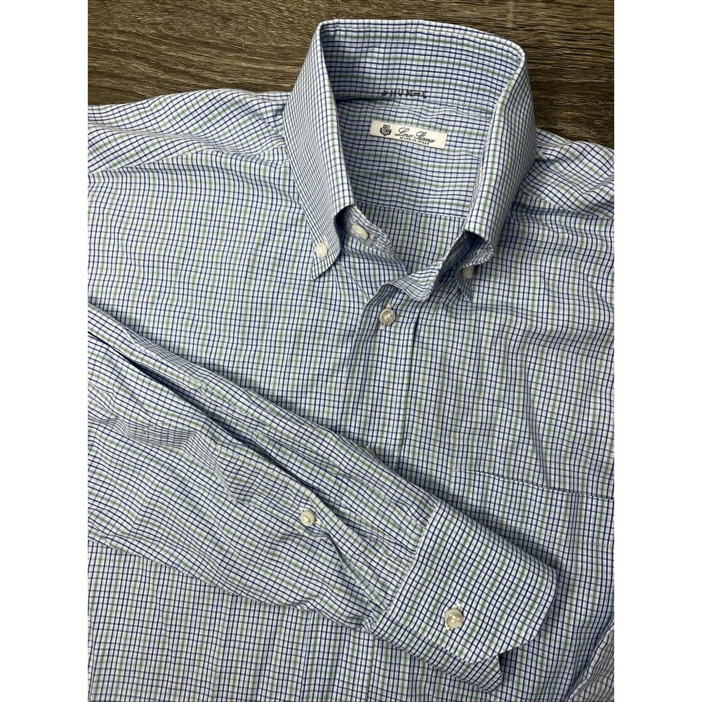 Loro Piana Shirt Mens 15.5/39 Blue Green Tattersall Check Button Up Cotton Italy
